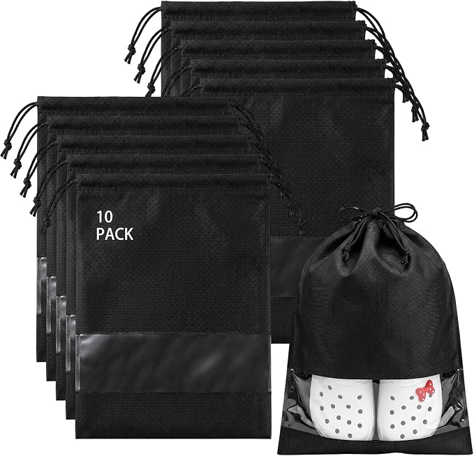 Travel Shoe Bags Non-Woven, Large Shoe Bags for Packing with Clear Window | 17.3" X 12.6" Dustproof Drawstring Travel Shoe Storage Bags Travel Essentials for Men & Women by Unknown