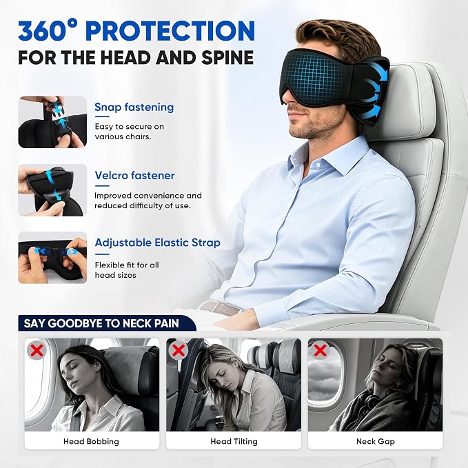 Avernio Travel Pillow with Eye Mask, 3-in-1 Airplane Sleep Support Travel Essentials for Comfort, Portable Sleep System with Neck Support Head Strap, Sleeper Hold for Flight Car Train (L Size) - Image 5