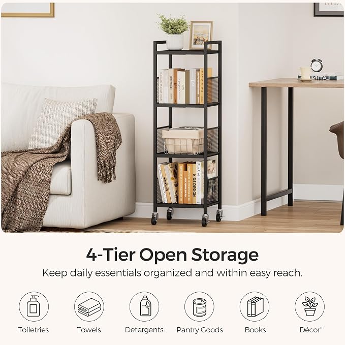4-Tier Expandable Storage Shelving Unit,Slim Storage Cart,Metal | Adjustable Width 8.3" to 12.6", Bathroom Shelves, Narrow Shelf,Rolling Utility Cart, for Laundry, Bathroom,Small Spaces Black - Image 4