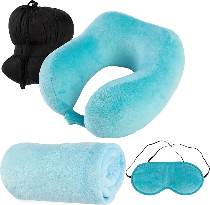 Home-Complete Travel Pillow Set - Memory Foam Pillow, Fleece Blanket, and Eye Mask - Travel Essentials for Airplanes, Trains, Cars, Buses (Blue) by Home-Complete