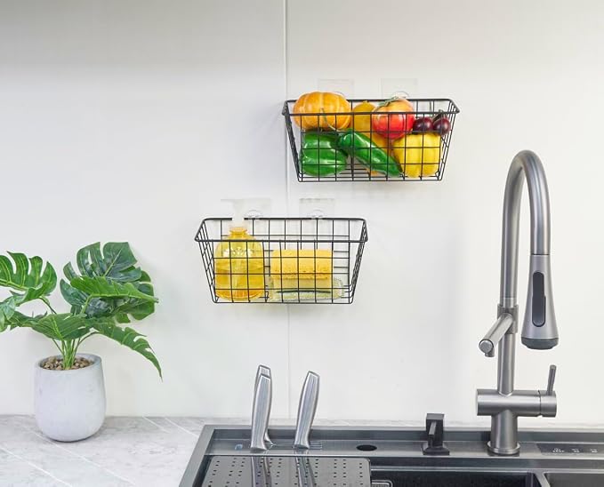 JUNCHU CHERRY 2 Pack Hanging Storage Basket, Bathroom Basket, Household Goods, with Traceless Tape, no Drilling, for Cabinet Storage, Kitchen, Bathroom, Storage Room,Black - Image 6