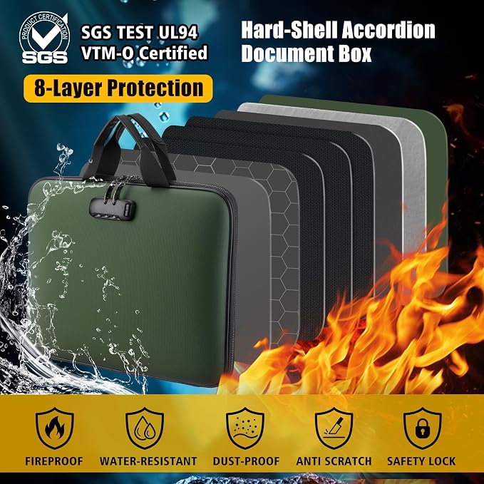 facka Fireproof Document Box with Lock, Hard-Shell Safe File Organizer | 13-Pocket Accordion Folder for Important & Legal Documents, Laptop, Passport, Cards & Valuables, Home Office Travel Green - Image 3