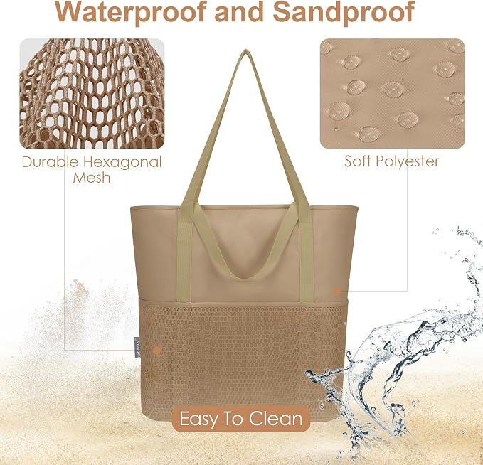 KABAQOO Large Beach Bag Waterproof Sandproof Tote Bag for Women with Zipper & Mesh Pockets for Pool Swim Travel Everyday | waterproof - Image 4