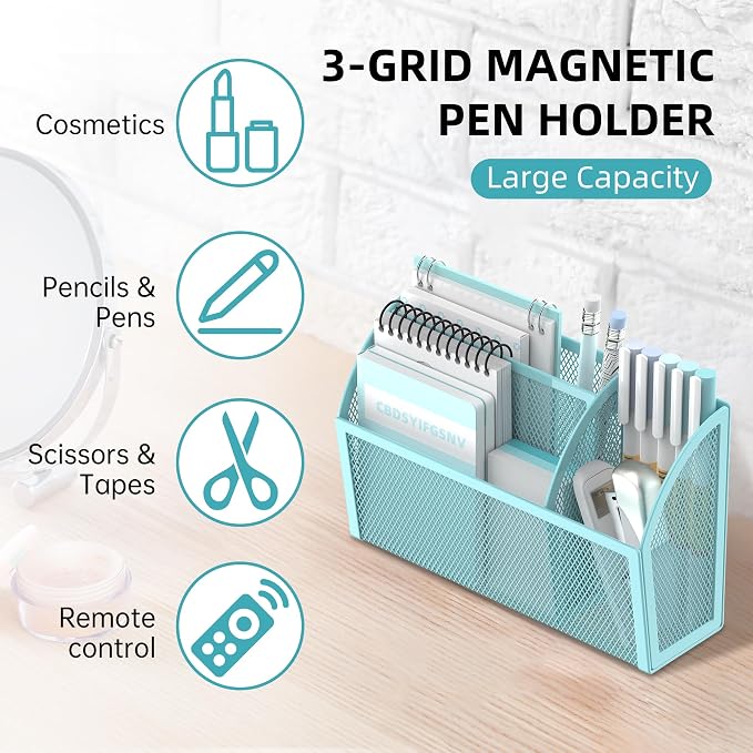 DALTACK 3-Grid Magnetic Pencil Holder, Strong Magnet Locker Organizer, Blue | Mesh Magnetic Shelf, Marker Holder Perfect for Whiteboard, Refrigerator and Locker Accessories - Image 3