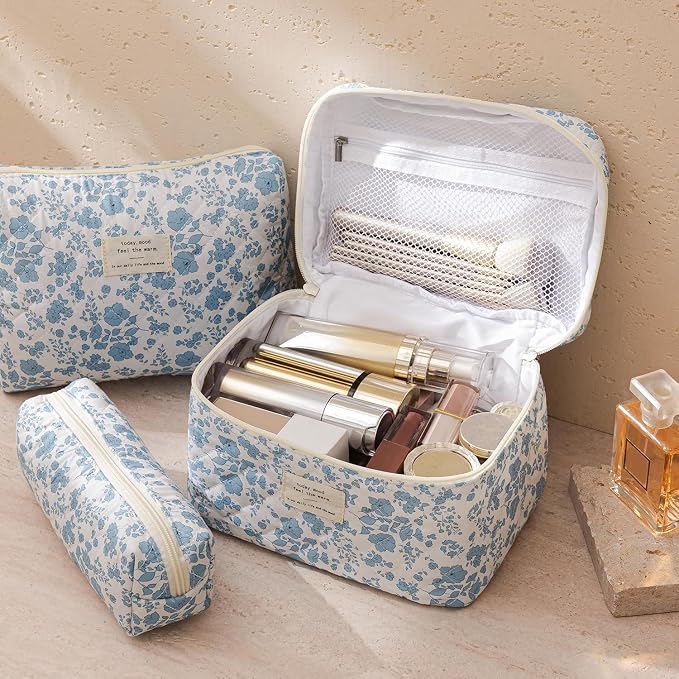 HBselect Quilted Makeup Bag, 3Pcs Cotton Large Travel Makeup Bags Organizer | Cute Floral Make up Bag Cosmetic Bag Toiletry Bag for Women Girls, Makeup Pouch for Skincare, Brushes & Travel Essentials - Image 3