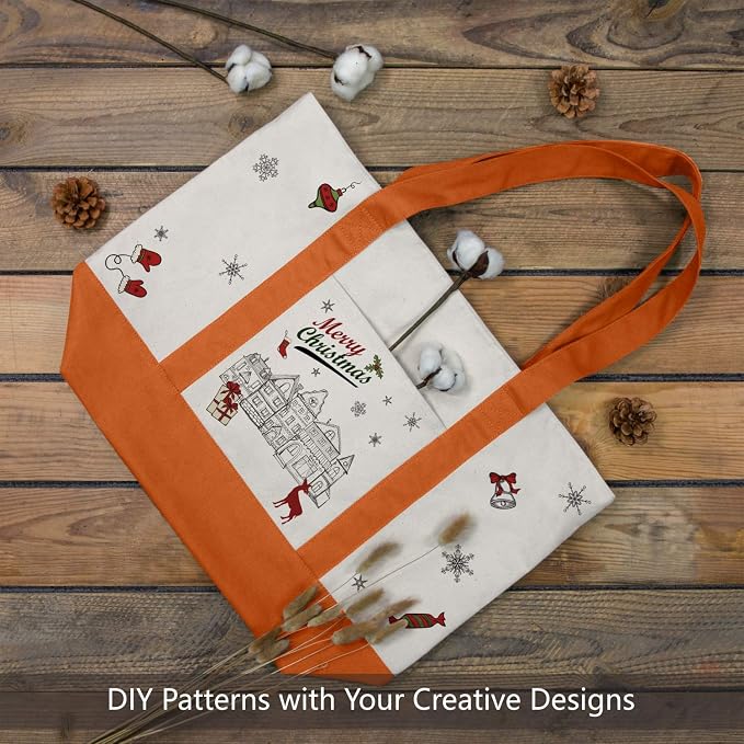 TOPDesign 6-Pack Canvas Tote Bags with an External Pocket, Reusable Grocery Shopping Bags, Top Zipper Closure, Daily Essentials (Orange/Natural) - Image 3