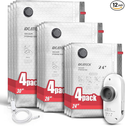 12Pack Travel Vacuum Storage Bags with USB Pump, Carry-On Size Vacuum Seal Bags for Clothing & Luggage, Heavy Duty Reusable Space Saver Compression Bags for Suitcase Packing by IDEATECH