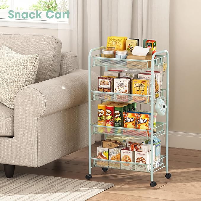 TOOLF 4 Tier Rolling Cart, Metal Utility Storage Cart with Wheels, Green | 3 Hooks, Screwless Assembly, Trolley Organizer for Bathroom, Kitchen, Office, Nursery, Dorm, Laundry Room - Image 2