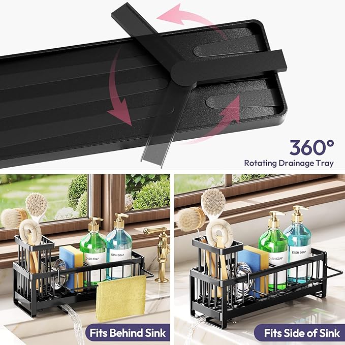 SWTYMIKI Sponge Holder for Kitchen Sink - Sink Caddy with Brush Holder Self-draining Sponge Caddy Organizer with Divider Stainless Steel Kitchen Accessories Storage for Countertop, Black - Large - Image 2