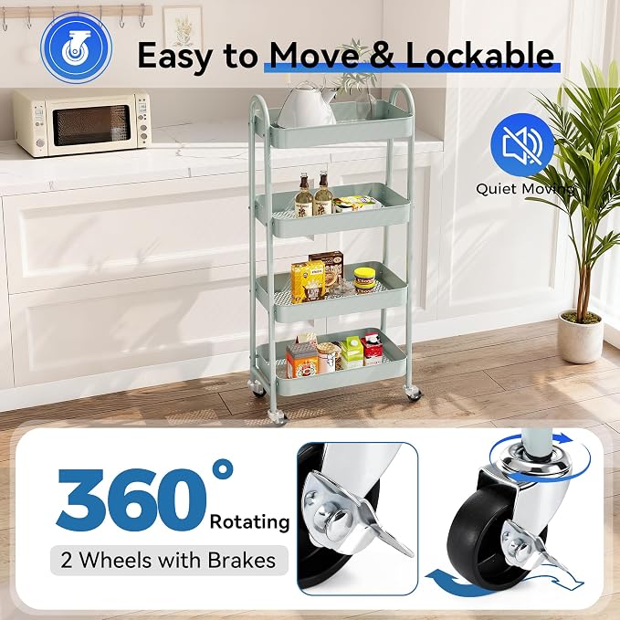 NEWBULIG 4-Tier Metal Rolling Storage Utility Cart with Lockable Wheels | Mobile Organizer Shelf, Space-Saving, Freestanding, Bathroom, Living Room, Slim, Narrow Corner Spaces, Green - Image 3