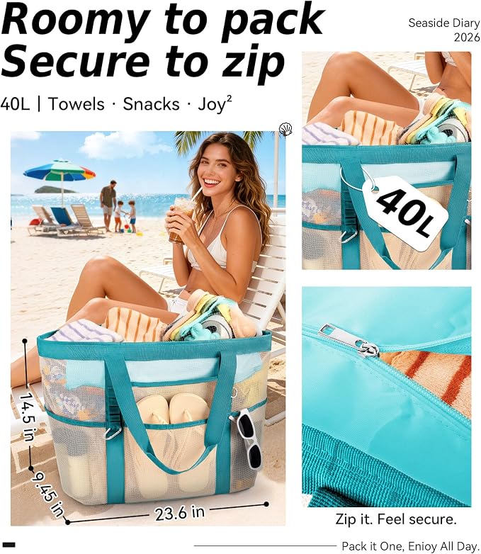 Chic Cruise Essentials Beach Bag for Women, Large Zip Top Tote, 11 Pockets | 40L+ Spacious;Mesh × Canvas;Zipper Pouch;Secure Zip-Top;Sand-Resistant Base - Image 3