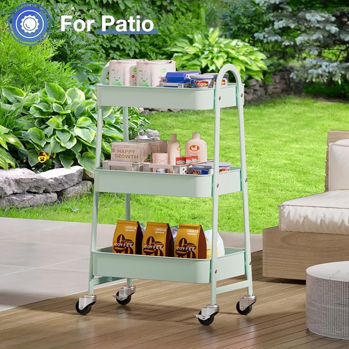 OLIXIS Metal 3 Tiers Rolling Storage Utility Cart with Lockable Wheels | Mobile Organizer Shelf, Space-Saving, Freestanding, Bathroom, Living Room, Slim, Narrow Corner Spaces, Pale Green - Image 7