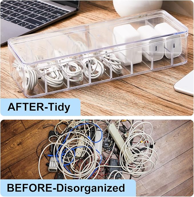 Tatuo 4 Pcs Cord Organizer for Drawer Desktop, Cable Organizer Box with 8 Compartments and Wire Ties, Plastic Charger Storage with Lid, Electronics Case for Home Office Accessories (Small,Clear) - Image 4
