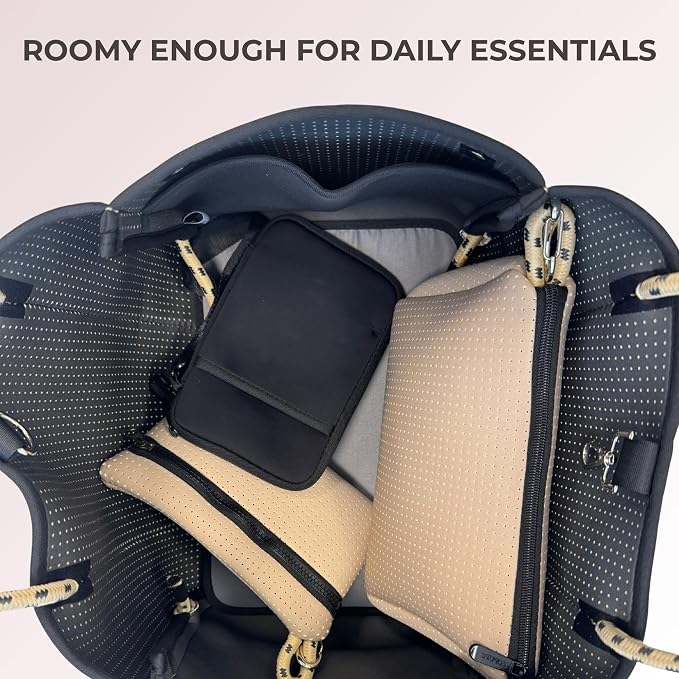 POPUPS Large Neoprene Tote Bag for Women - Everyday Designer Handbag for Travel Work and Beach with Pockets and Zipper Pouch - Image 7
