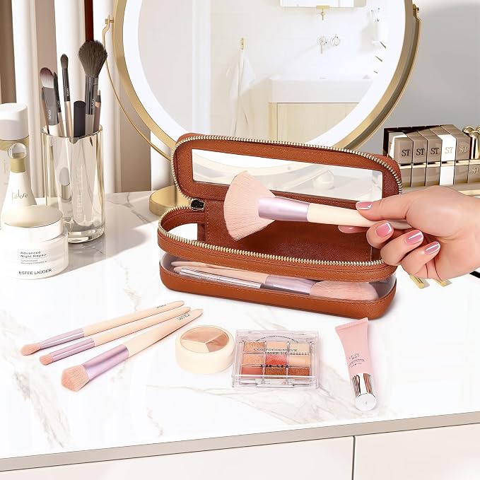 Pinkmik Makeup Brush Case, Brown, Slim | Clear Travel Cosmetic & Toiletry Bag, With Zipper, Small Purse Organizer, Car Essential for Women - Image 2