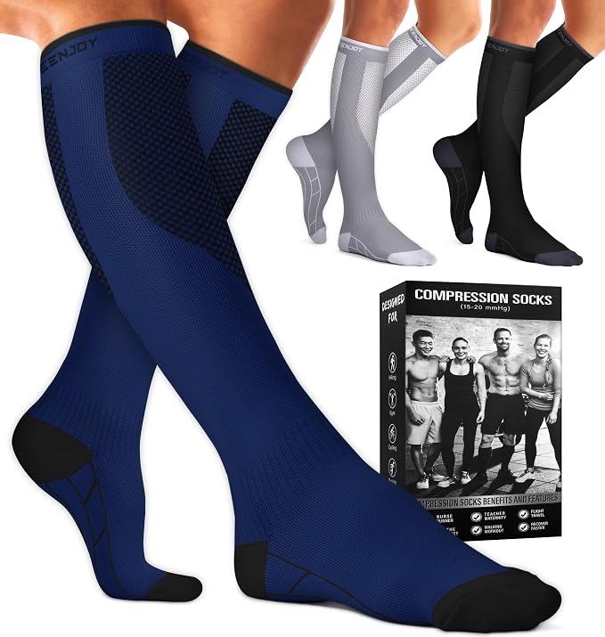 Compression Socks for Women & Men (3 pairs) - Best Support for Nurses, Running, Hiking, Recovery & Flight Socks by BLUEENJOY