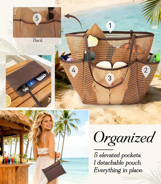 Cruise Essentials Beach Bag for Women, Mesh Tote with Detachable Pouch | Chic Design - Image 5