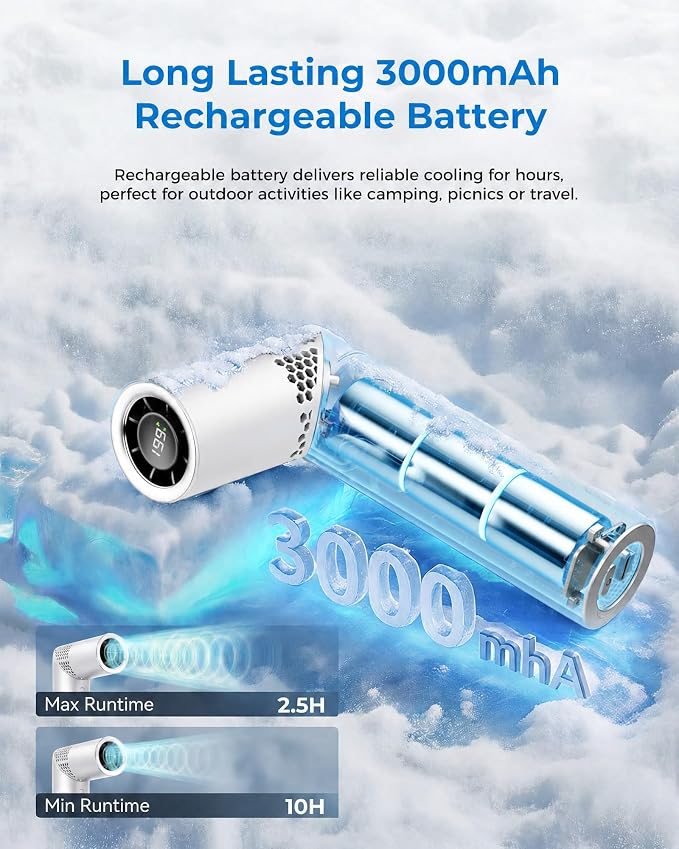 Portable Handheld Fan, Rechargeable, 199 Speeds, LED Display, White | 199-speed handheld fan with LED display, USB-C charging, 3000mAh battery for travel, office, and outdoor use - Image 3