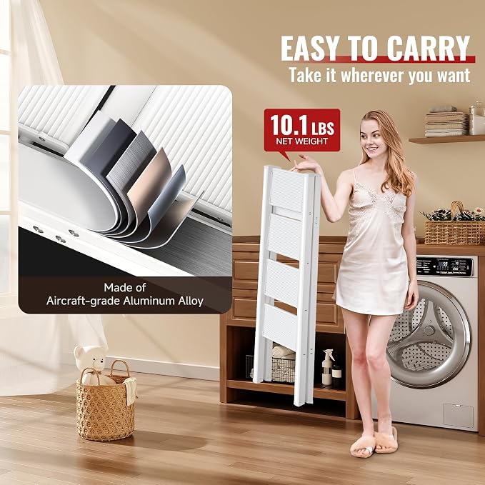 4 Step Ladder, Folding Step Stool with Anti-Slip Wide Pedal | Lightweight, Aluminum Material, 330LBS Load, Portable, Easy Storage, Space Saving, for Kitchen, Bedroom Use, White - Image 5