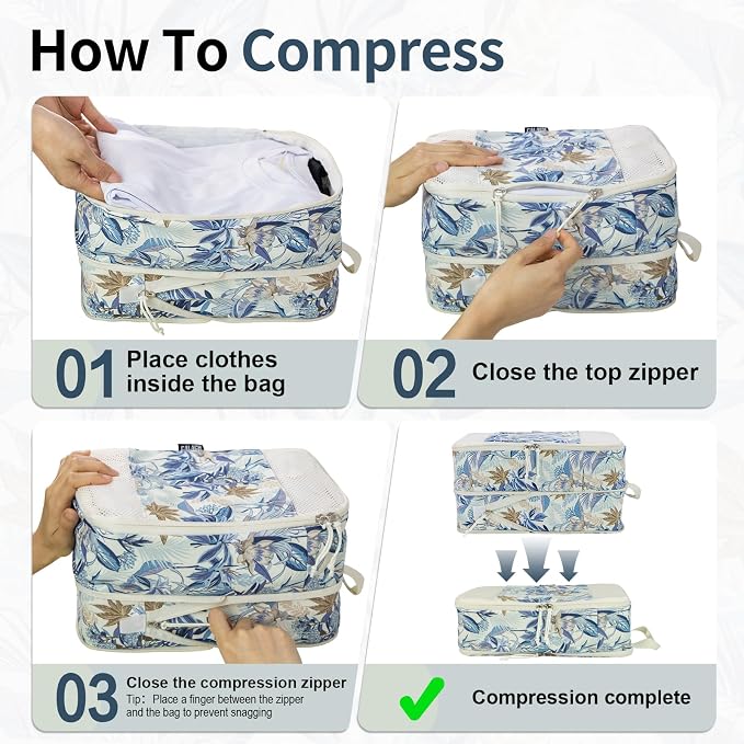 Extra Large Compression Packing Cubes for Carry On, 4 Set Lightweight Travel Packing Organizers with Breathable Mesh, Expandable Compression Cubes for Travel, Blue Floral - Image 4