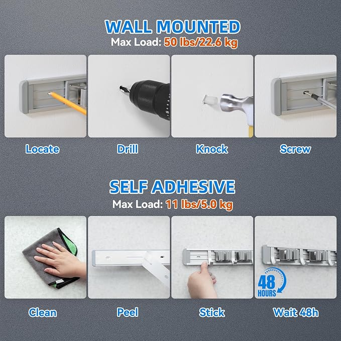 reliahom Broom Holder Wall Mount Mop Hanger Tools organizer 4Racks 5Hooks | Adjustable Stick or Screw Mop Broom Wall Hanging Tool Storage Rack Space-saving for Garage,Kitchen,Laundry Room,Garden,Silver - Image 3