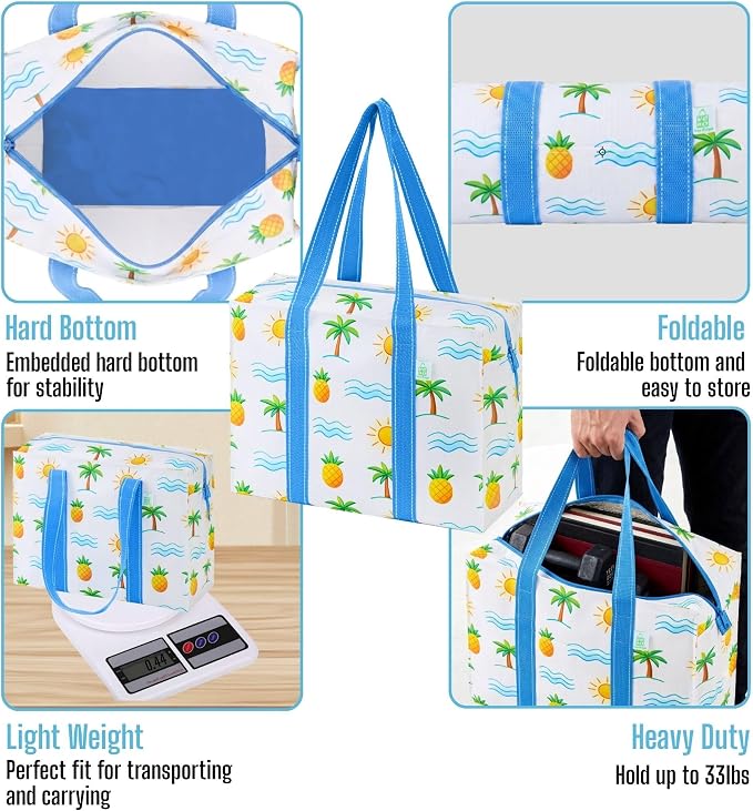 VENO 2 Pack Utility Tote Reusable Grocery Bags with Zipper & Hard Bottom | Heavy Duty Foldable Water-Resistant Shopping Bags for Summer Beach, Pool, Picnic & Travel Carry-on (Tropical Island, 2 Pack) - Image 8
