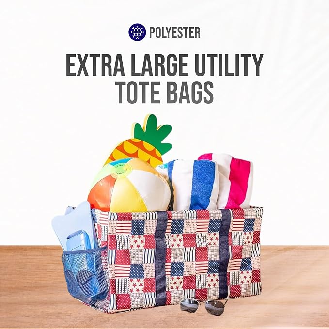 Extra Large Utility Tote Bag - Oversized Collapsible Reusable Wire Frame Rectangular Canvas Basket With Two Exterior Pockets For Beach, Pool, Laundry, Car Trunk, Storage - Patriotic Americana - Image 7