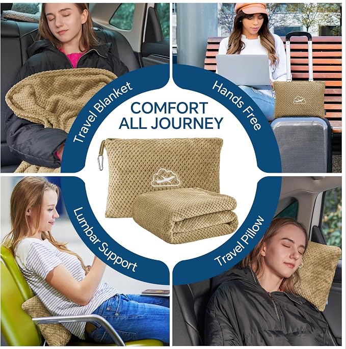 BEDELITE Travel Blanket with Bag, Jacquard Fleece Blanket 65"x40", Camel | Ultra-soft Airplane Blanket, Luggage Sleeve & Backpack Clip, Travel Essentials for Women, Foldable as Pillow for Long Flight - Image 4