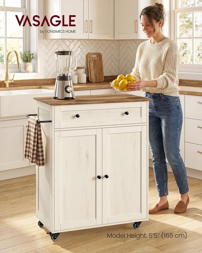 VASAGLE Mobile Kitchen Island with Storage Cabinet for Kitchen, Dining Room | Portable Mobile Cart on Wheels , 15.8 x 30.9 x 35.1 Inches, Rustic White and Honey Brown, SIREN Collection UKKI009WJ01S - Image 2