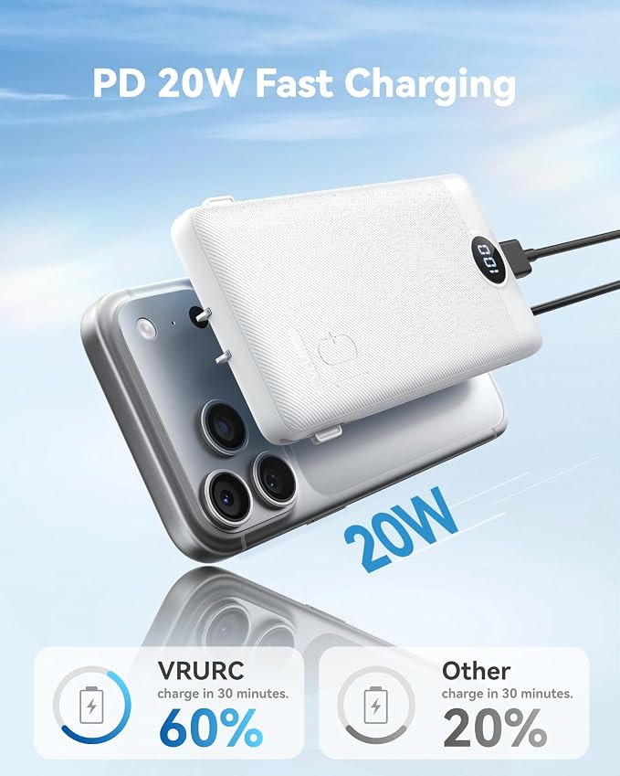 VRURC 10000mAh Portable Phone Charger, Built-in AC Plug & Cables, White | 22.5W fast charging, LED display, built-in Micro/USB-C/Phone cables, airline approved travel accessory,8 oz - Image 3