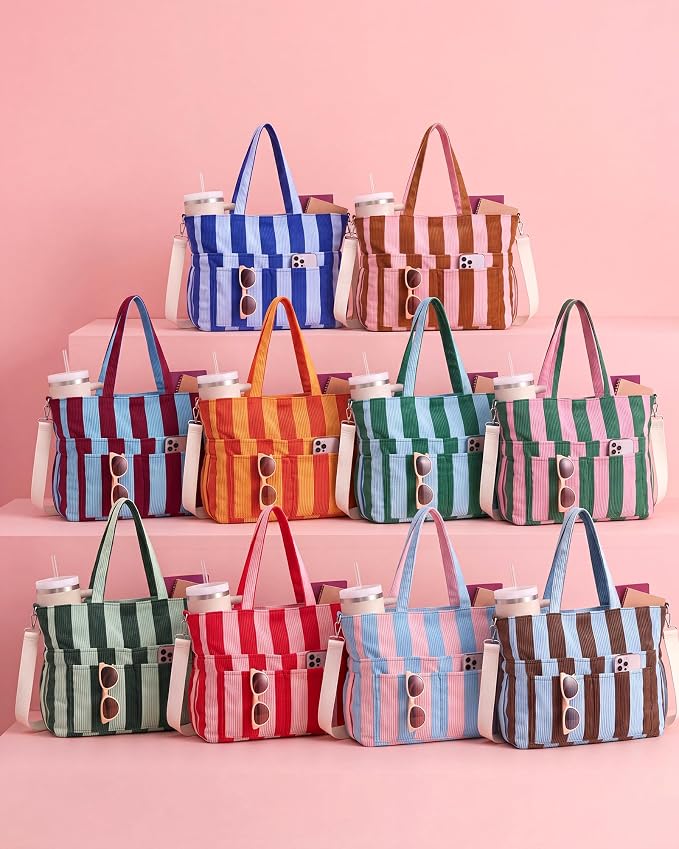 Kacctyen Striped Beach Tote Bag for Women Large Beach Foldable Tote Bag with Zipper Pockets for Travel Pool - Image 8