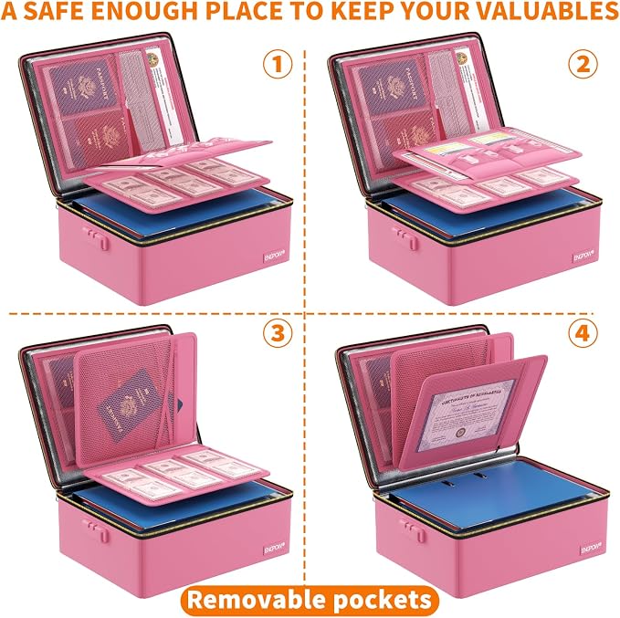 ENGPOW Fireproof Document Box with Lock & Heat-Resistant Fireproof Zipper | 6400°F 12-Layer Fire Protection, Hard File Organizer with Pockets, Portable Home Chest Safe Storage for Money,Jewelry, Pink - Image 8