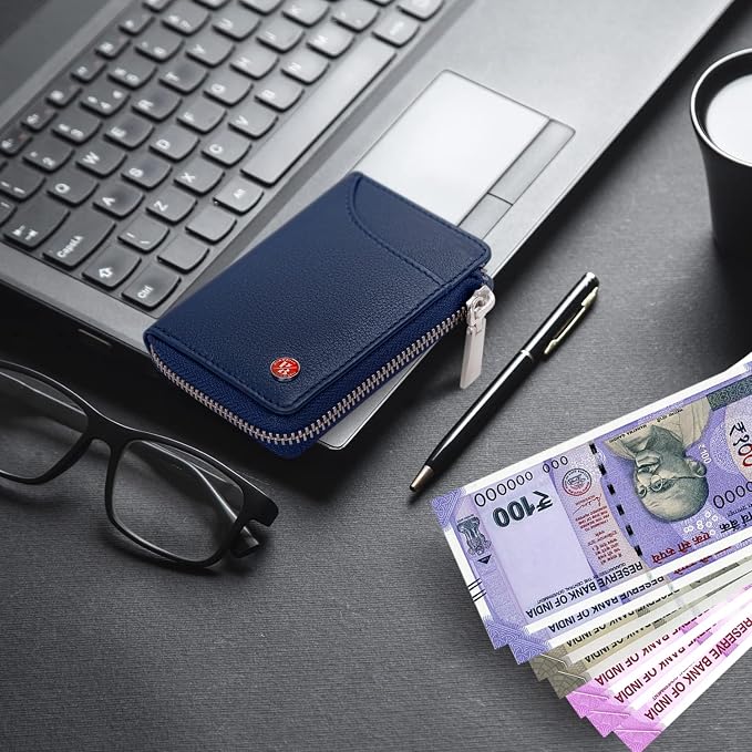 HORNBULL Steve RFID Blocking Leather Wallet for Men | Vertical Credit Debit Card Holder, Zip Around Wallet (Navy) - Image 8
