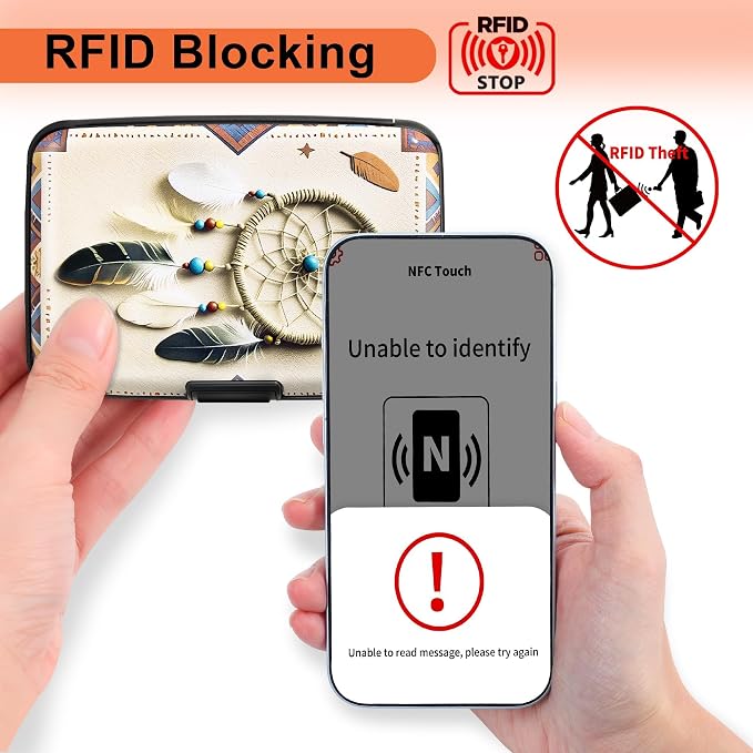 Mayski Credit Card Holder for Women RFID Blocking Wallet, Boho Feathers | Card Wallets for Women Small Mini Business Metal Accordion Aluminum Alloy Hard Case for Men - Image 2
