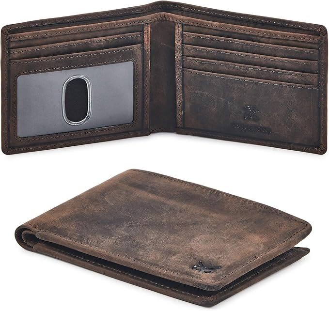 Real Leather Mens Bifold Wallet RFID Blocking Slim Minimalist Front Pocket - Thin & Stylish with ID Window in Gift Box (Crazy Horse, Coffee) by WiseOwlAccessories