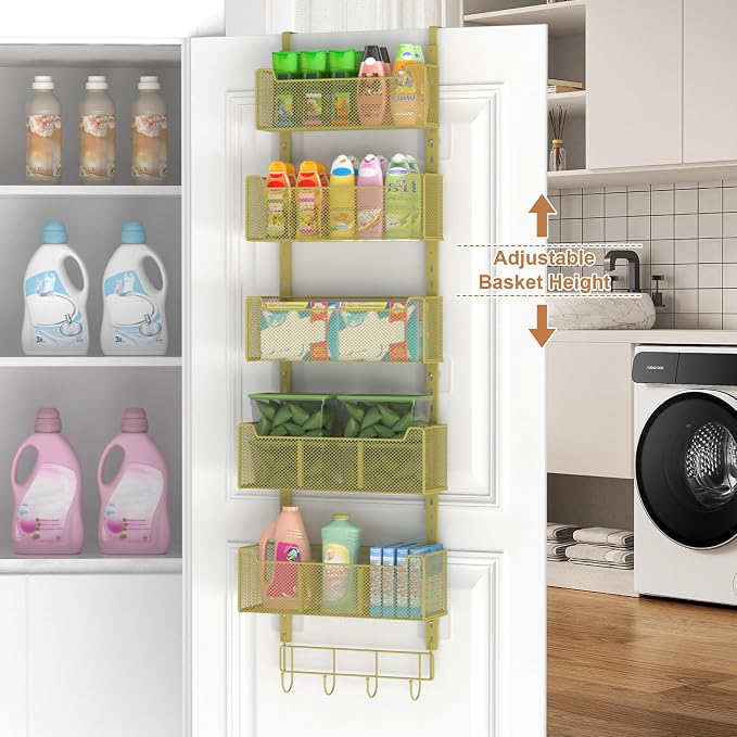 VyGrow Over The Door Organizer, Metal Door Organizer Hanging with 5 Adjustable Baskets and Coat Hook, Behind The Door Storage for Bedroom Closet Bathroom Pantry Cabinet Kitchen, Gold - Image 2