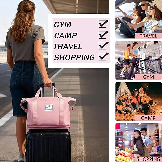 Expandable Foldable Duffel Bag with Detachable Rolling Wheels, Large Carry-On Luggage for Travel, Gym, Camping, Shopping, Business Trip (Pink) - Image 2