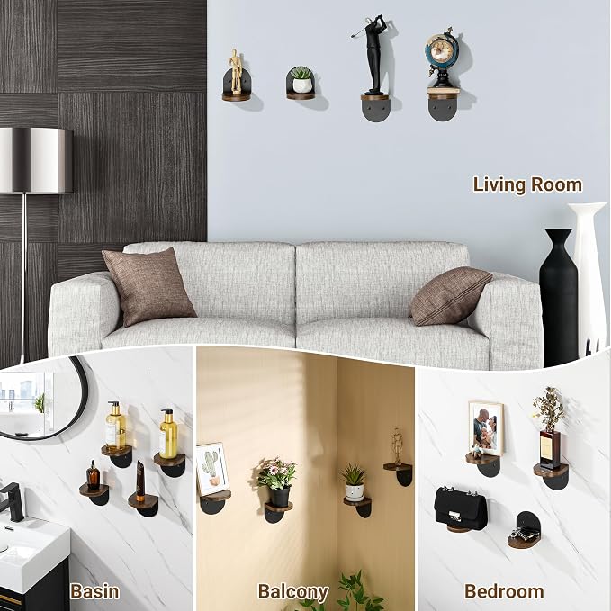 SAYAYO Small Floating Shelves for Wall Storage, 4 x 4 Inch Mini Shelf | Wall Shelves for Bedroom Decor, Display Wood Shelf Organizer with Black Base for Living Room, Office, Balcony, 4 PCS - Image 6