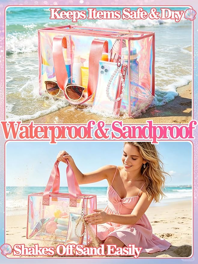 Cosweet Iridescent Beach Tote Bag with 3 Small Pouch for Women | 26L Waterproof Clear Jelly Bag, Tip-Proof Foldable, Small Pouch for Phone Makeup, for Pool Cruise Travel Gifts - Image 2