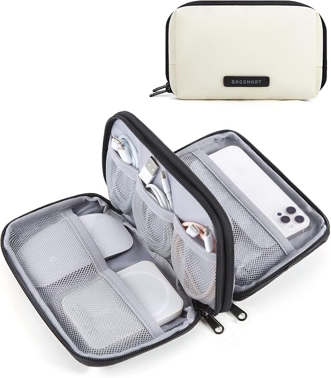 BAGSMART Electronics Travel Organizer for Cords Chargers Phones, Beige | Travel Essentials, Tech Organizer Pouch, Cord organizer bag for Cables, Compact Travel Accessories by BAGSMART