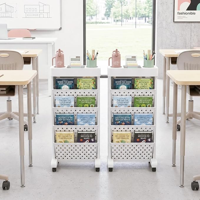 5-Tier Rolling Bookshelf Cart with Wheels, White | Slim Mobile Book Cart, Plastic Magazine Rack Rolling File Paper Organizer for Home Office Study Classroom Living Room - Image 8