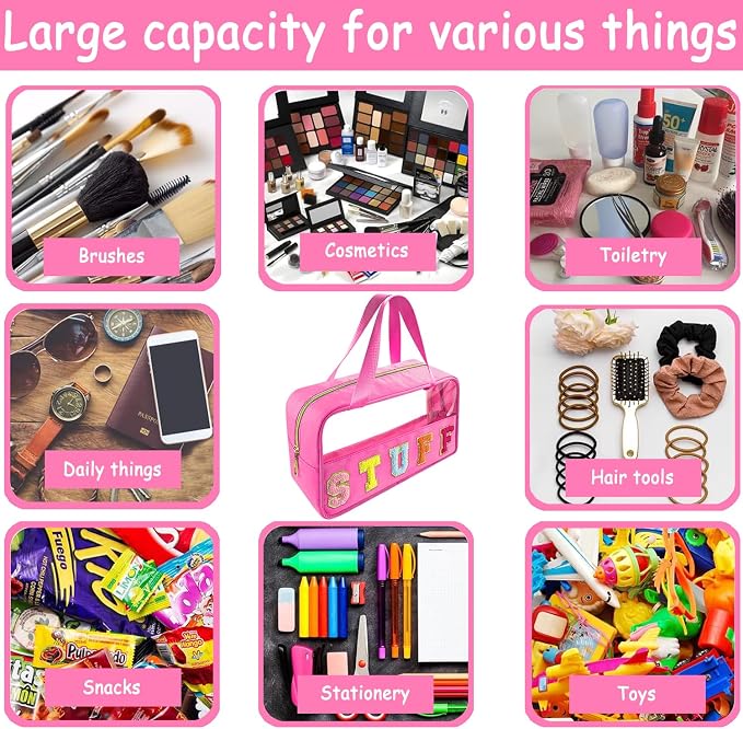Bunliuys Chenille Letter Clear Makeup Bag Stuff Patch, Travel Toiletry Makeup Bag with Handle, Nylon Waterproof Makeup Bags clear cosmetic bag, preppy patch makeup bag for Women (STUFF-Hot Pink) - Image 5