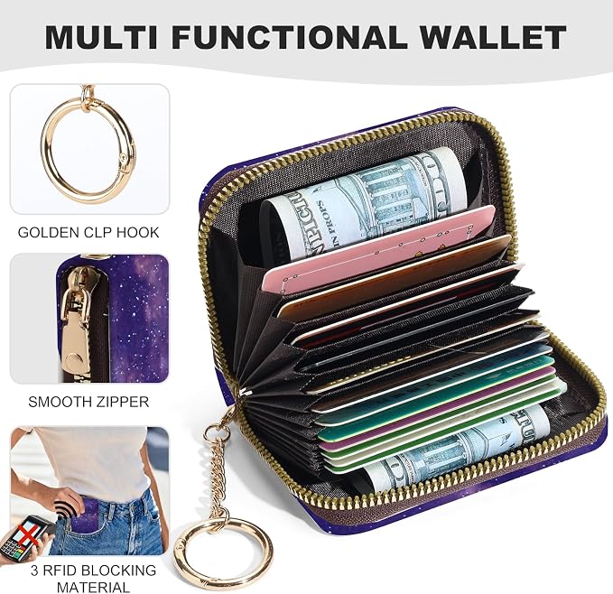 Credit Card Holder for Women,Small Rfid Wallet with Keychain Zipper,Cute PU Leather Card Case Wallet，Accordion Credit Card Wallets Gift,Purple Starry Sky - Image 2
