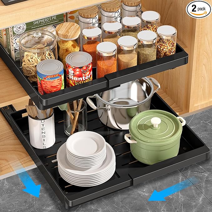DOMNIU Pull Out Cabinet Organizers Expandable,Black,20.8"Depth,2 Pack | Slide Out Drawers for Kitchen, Bathroom, Pantry, Under Sink Storage, Fixed with Adhesive Nano Film (13''-19'') by DOMNIU