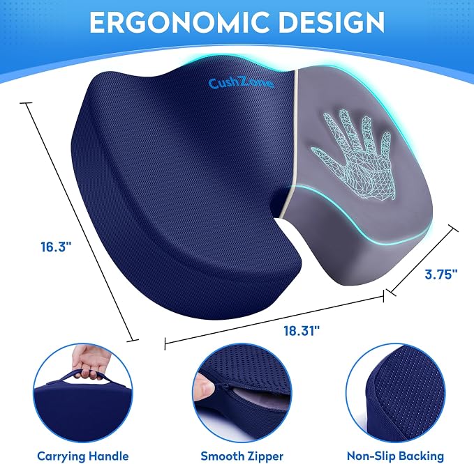 CushZone XL Memory Foam Seat Cushion for Office, Car & Wheelchair, Blue | U-shaped Coccyx Cutout, Contoured Design, Breathable Removable Mesh Cover, Non-Slip Base, Carry Handle - Image 4