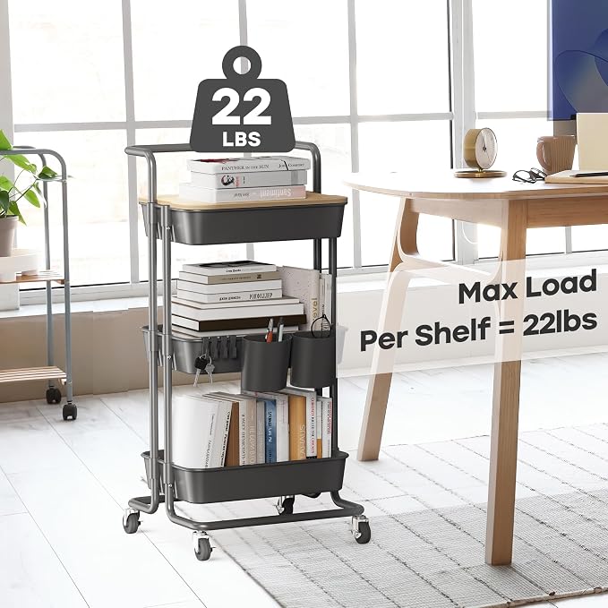 DTK 3 Tier Rolling Cart Uility Cart with Cover Board, Mobile Storage Cart with Wheels, Cups, Hooks for Office Utility Kitchen Bathroom Homeschool Art Craft Postpartum Teacher Cart Organizer(Black) - Image 5
