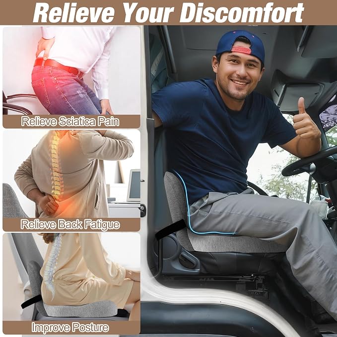 Truck Seat Cushion, Memory Foam Trucker Seat Cushion for Truck Driver Long Sitting with Adjustable Strap, Back Support and Pain Relief for Trucker Driving Car Office Chair and Pain - Image 4