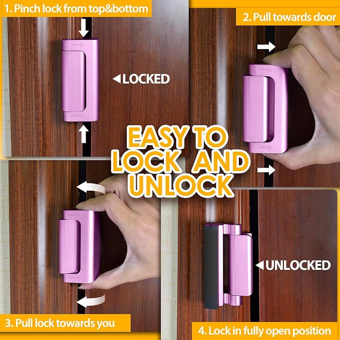Door Reinforcement Lock Withstands 800 lbs of Force - Pink Door Lock Latch | Drilling Required Extra Proof Door Lock for Kids Safety, Prevents Unauthorized Entry Add a Door Security Lock for Home Safety - Image 6