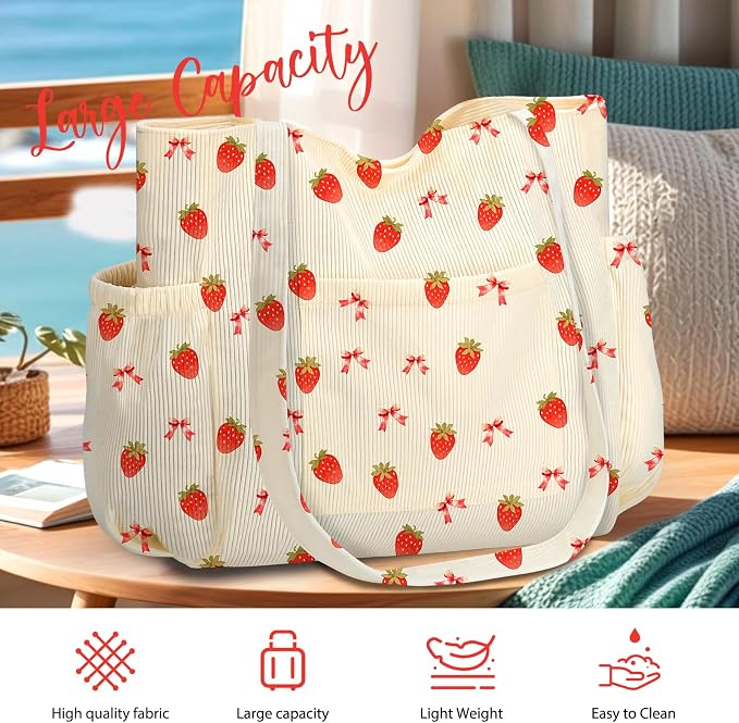 Corduroy Tote Bag for Women,Large Capacity Cute Tote Bags With 6 Pockets,Crossbody Shoulder Handbag for Work Travel Gym - Image 4