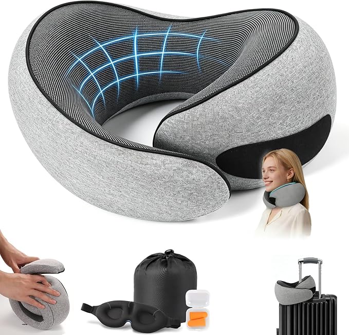 G-Shape Memory Foam Travel Pillow Super Comfort Neck Pillow Airplane 360°Support | Complete Sleep Kit: Eye Mask, Ear Plugs & Carry Bag | Lightweight Airplane Pillow for Home, Car & Travel(Gray) by Sadaug